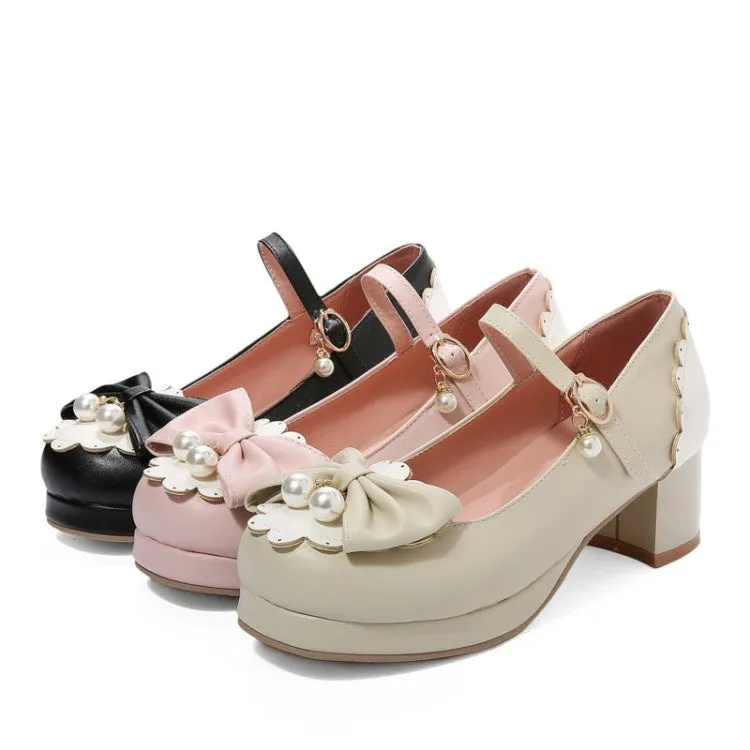 Women's Chunky Heel Pumps Mary Janes Shoes with Bowtie Pearl
