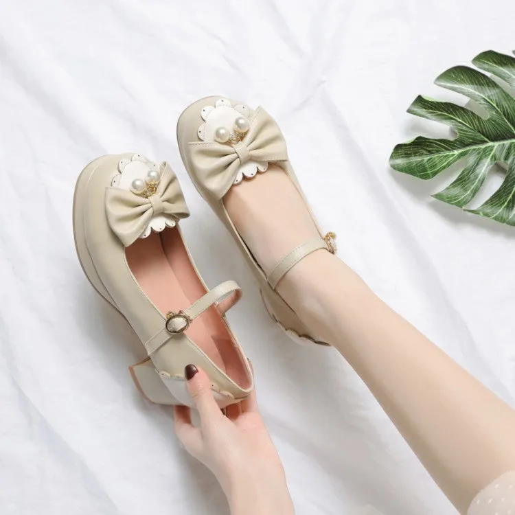 Women's Chunky Heel Pumps Mary Janes Shoes with Bowtie Pearl