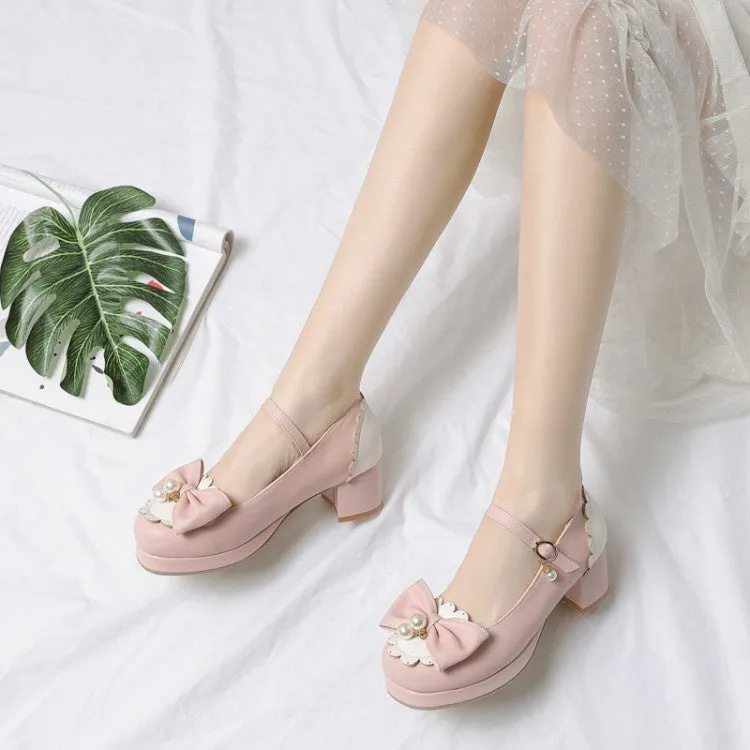 Women's Chunky Heel Pumps Mary Janes Shoes with Bowtie Pearl