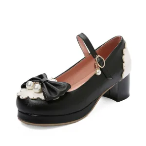 Women's Chunky Heel Pumps Mary Janes Shoes with Bowtie Pearl