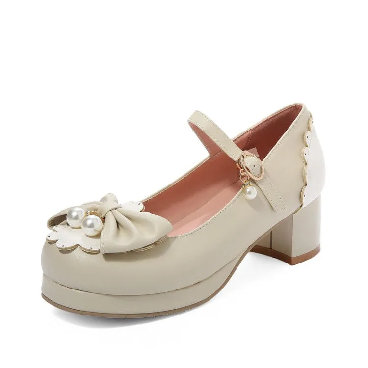 Women's Chunky Heel Pumps Mary Janes Shoes with Bowtie Pearl