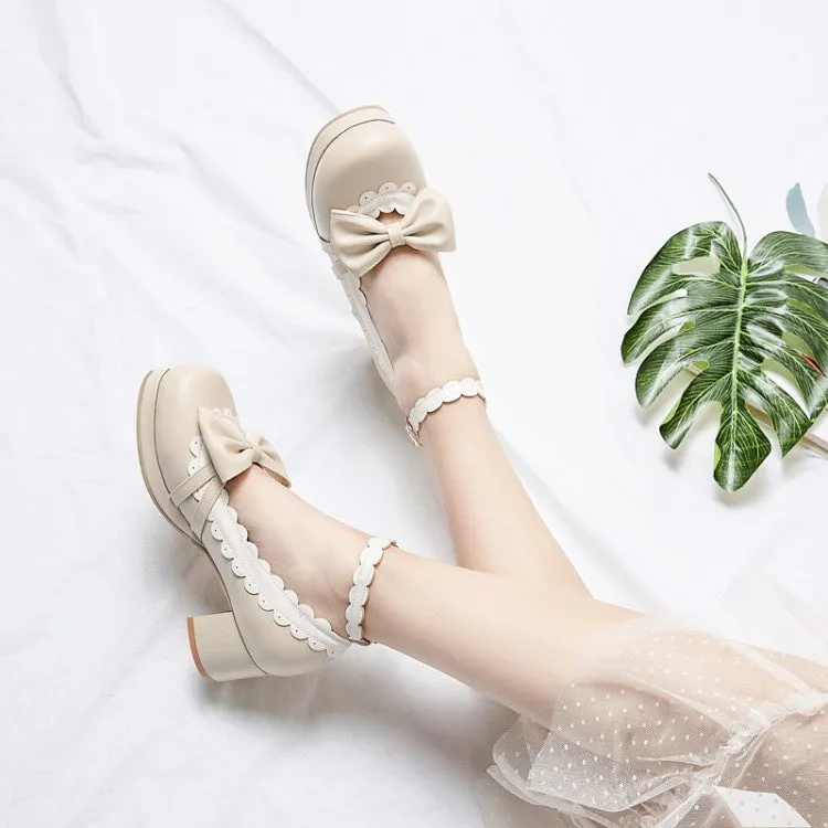 Women's Chunky Heel Pumps Mary Janes Shoes with Bowtie