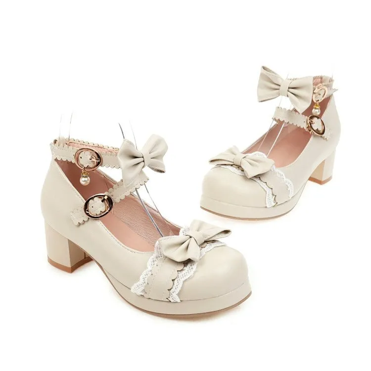 Women's Chunky Heel Pumps Mary Janes Shoes with Bowtie