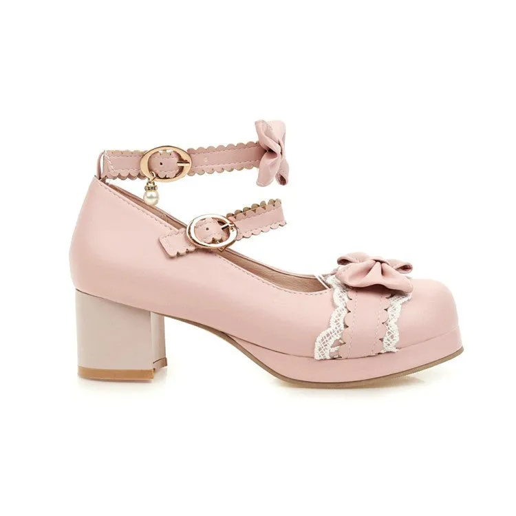 Women's Chunky Heel Pumps Mary Janes Shoes with Bowtie
