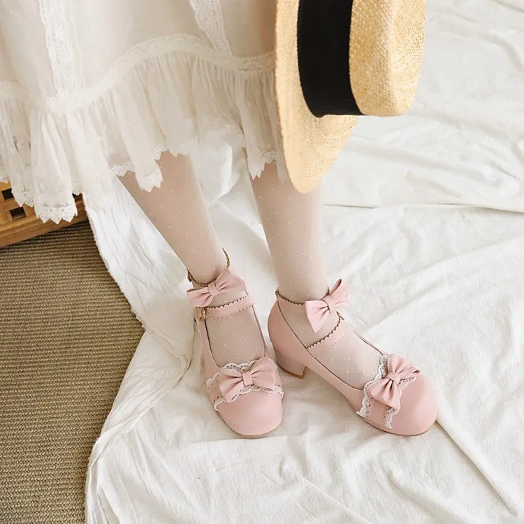 Women's Chunky Heel Pumps Mary Janes Shoes with Bowtie