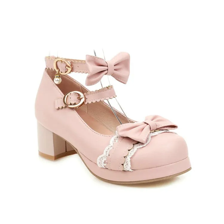 Women's Chunky Heel Pumps Mary Janes Shoes with Bowtie