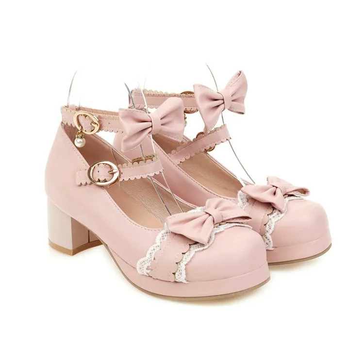 Women's Chunky Heel Pumps Mary Janes Shoes with Bowtie