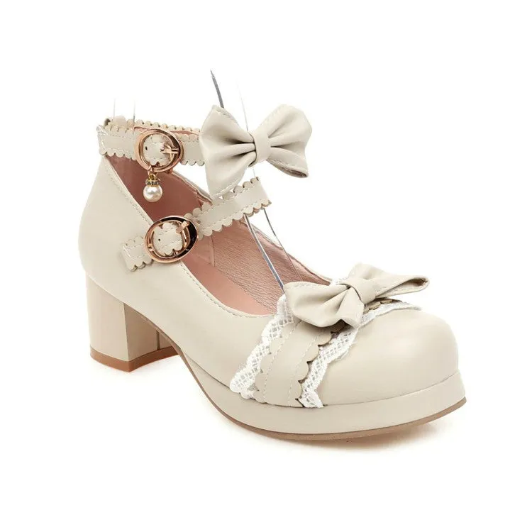 Women's Chunky Heel Pumps Mary Janes Shoes with Bowtie