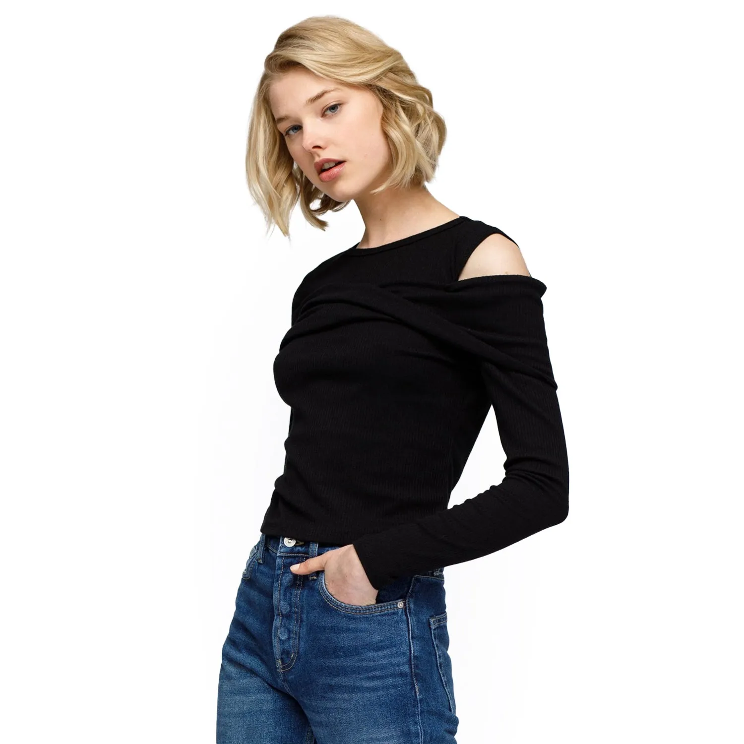 Women's Cold Shoulder Ribbed Knit Top In Black