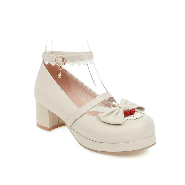 Women's Lace Chunky Heel Pumps Mary Janes Shoes with Bowtie