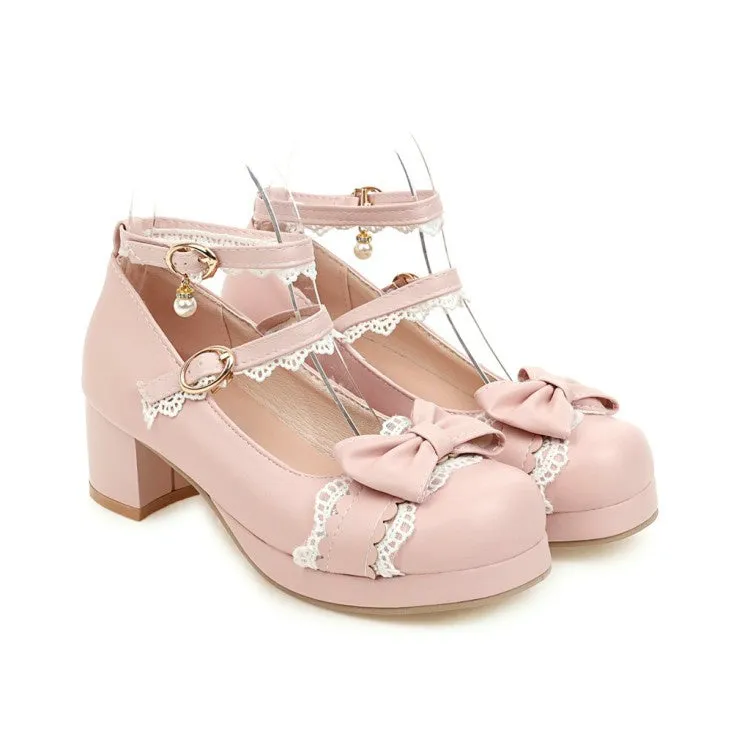 Women's Lace Chunky Heel Pumps Mary Janes Shoes with Bowtie