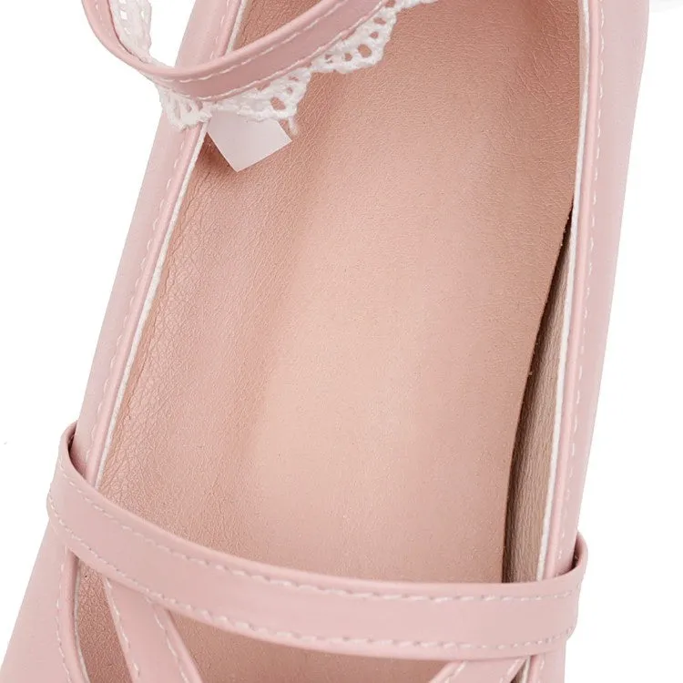 Women's Lace Chunky Heel Pumps Mary Janes Shoes with Bowtie