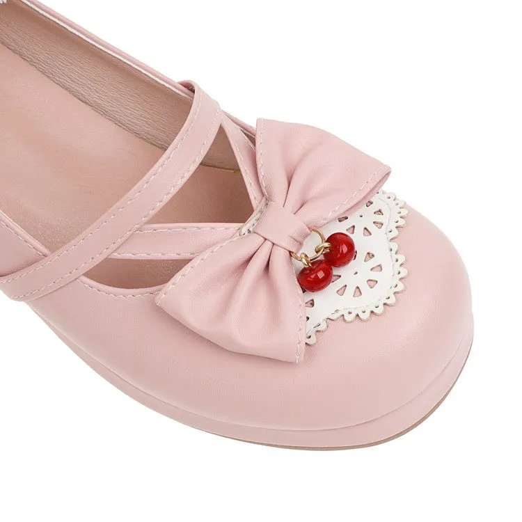 Women's Lace Chunky Heel Pumps Mary Janes Shoes with Bowtie