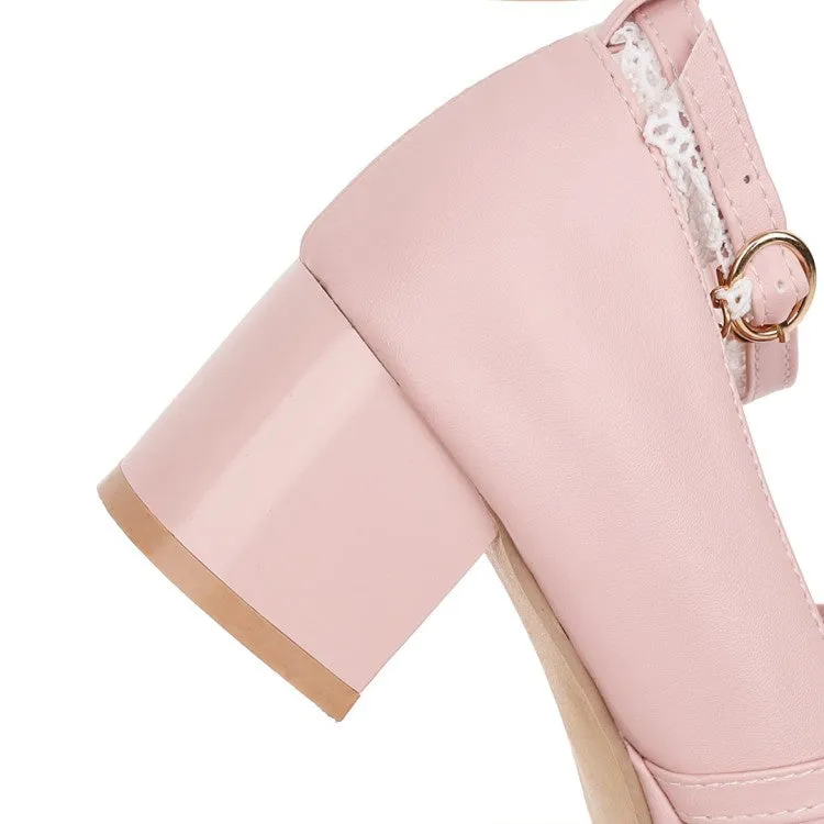 Women's Lace Chunky Heel Pumps Mary Janes Shoes with Bowtie
