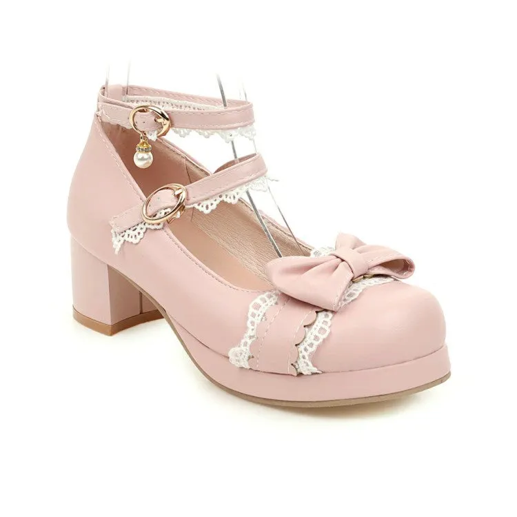 Women's Lace Chunky Heel Pumps Mary Janes Shoes with Bowtie