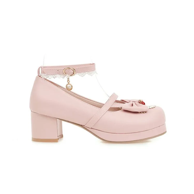 Women's Lace Chunky Heel Pumps Mary Janes Shoes with Bowtie