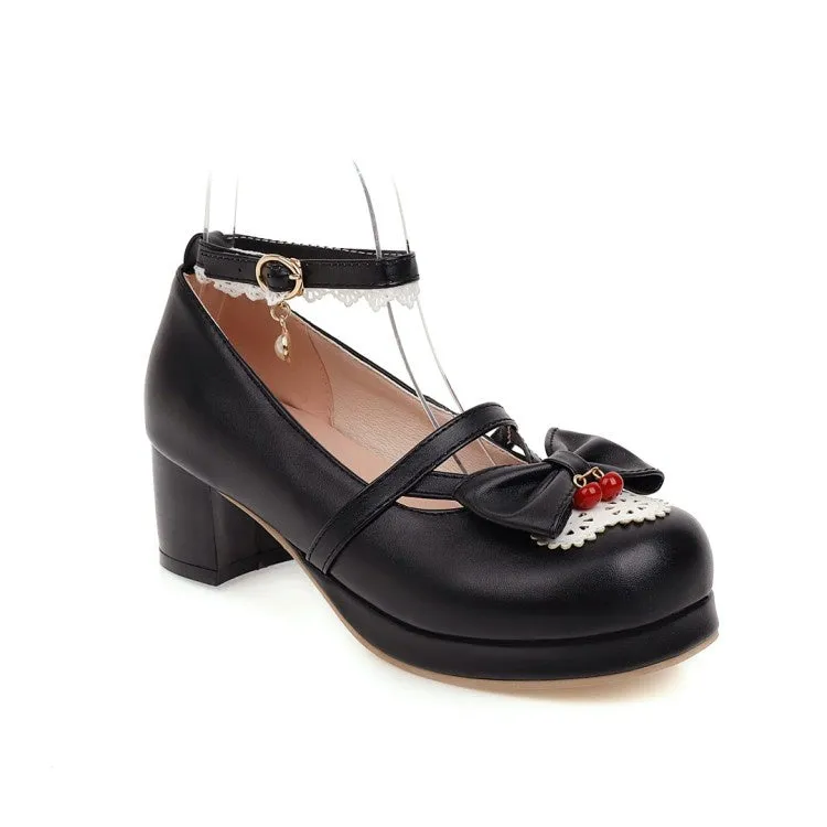 Women's Lace Chunky Heel Pumps Mary Janes Shoes with Bowtie