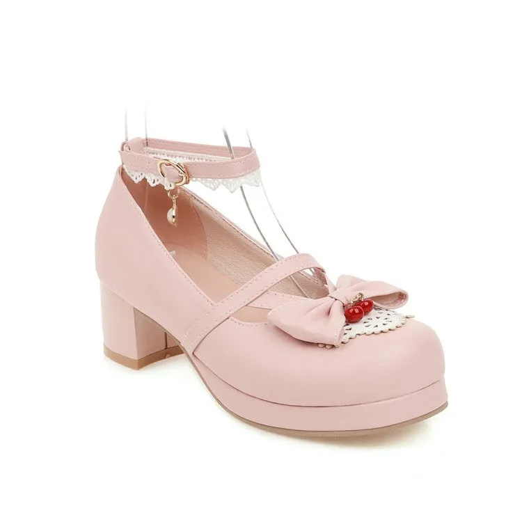 Women's Lace Chunky Heel Pumps Mary Janes Shoes with Bowtie