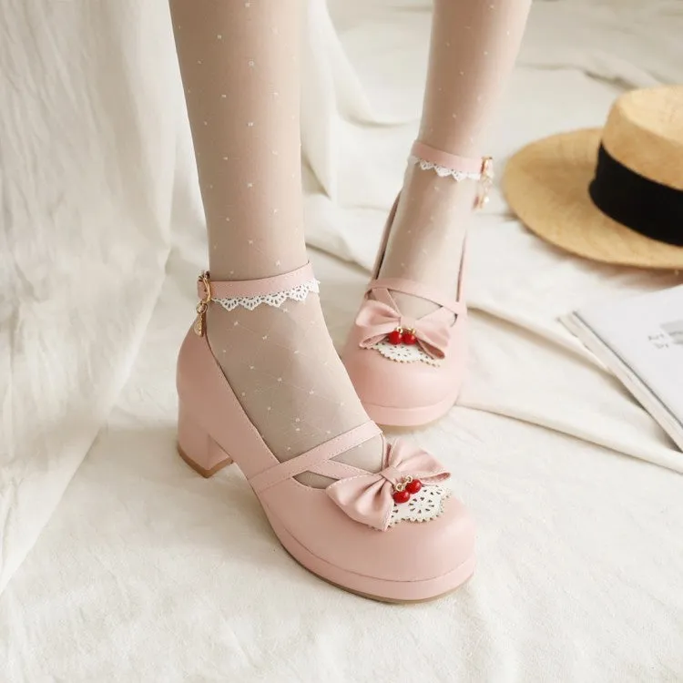 Women's Lace Chunky Heel Pumps Mary Janes Shoes with Bowtie