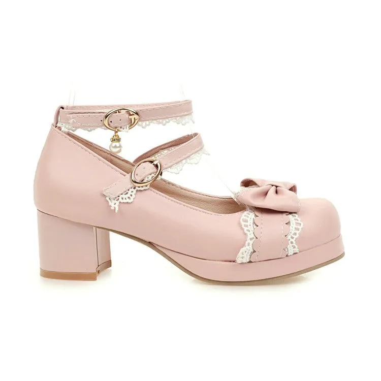 Women's Lace Chunky Heel Pumps Mary Janes Shoes with Bowtie