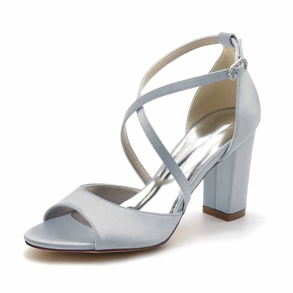 Women's Open Toe Chunky Heeled Sandals Satin Pump Prom Sandals