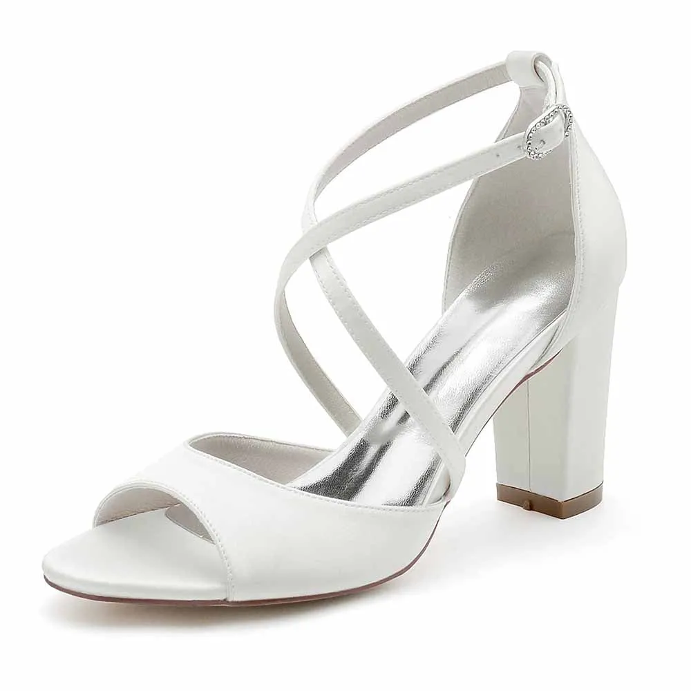 Women's Open Toe Chunky Heeled Sandals Satin Pump Prom Sandals