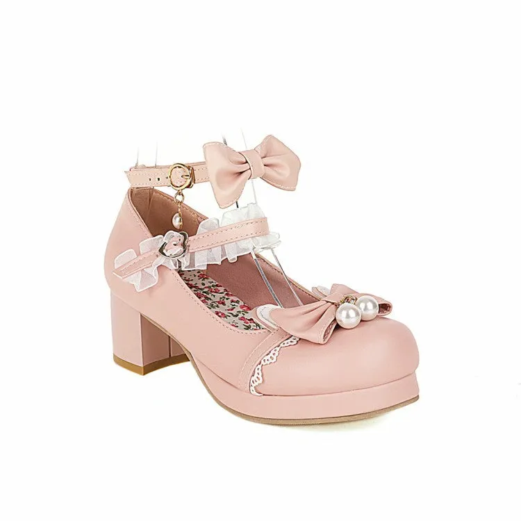 Women's Pearl Lace Chunky Heel Pumps Mary Janes Shoes with Bowtie