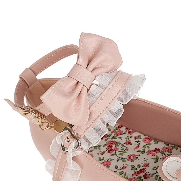 Women's Pearl Lace Chunky Heel Pumps Mary Janes Shoes with Bowtie