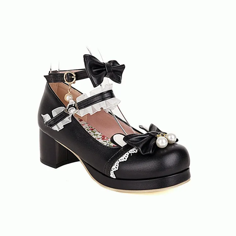 Women's Pearl Lace Chunky Heel Pumps Mary Janes Shoes with Bowtie