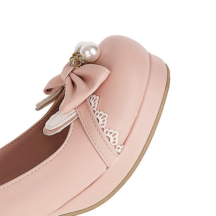 Women's Pearl Lace Chunky Heel Pumps Mary Janes Shoes with Bowtie