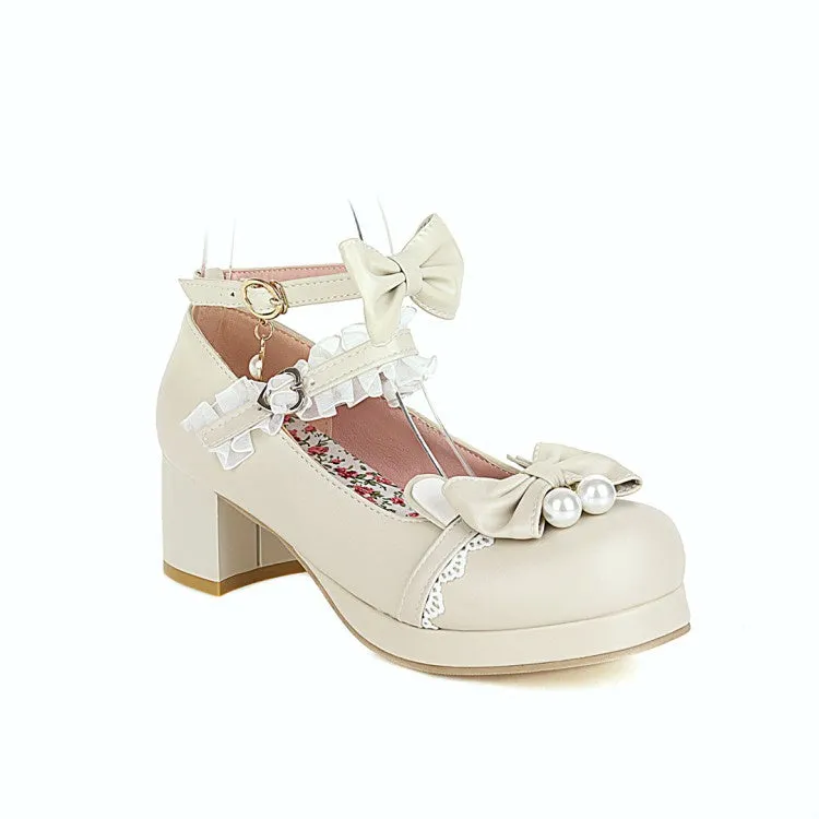 Women's Pearl Lace Chunky Heel Pumps Mary Janes Shoes with Bowtie