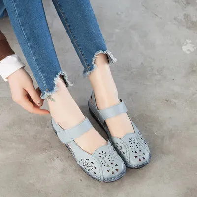 Women's Sandals Hollow Out Genuine Leather Breathable Soft Flat Sandals Summer Casual Solid Buckle Strap Sandals