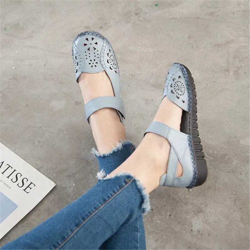 Women's Sandals Hollow Out Genuine Leather Breathable Soft Flat Sandals Summer Casual Solid Buckle Strap Sandals
