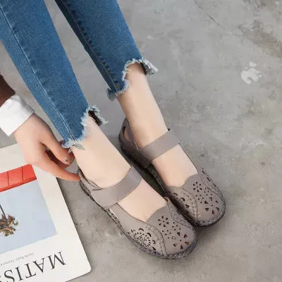 Women's Sandals Hollow Out Genuine Leather Breathable Soft Flat Sandals Summer Casual Solid Buckle Strap Sandals