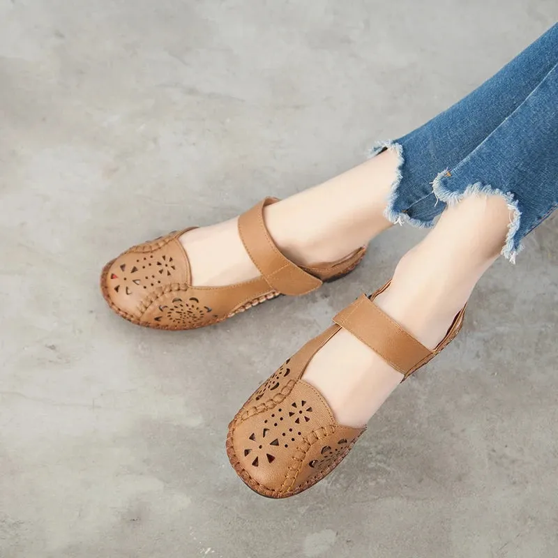 Women's Sandals Hollow Out Genuine Leather Breathable Soft Flat Sandals Summer Casual Solid Buckle Strap Sandals