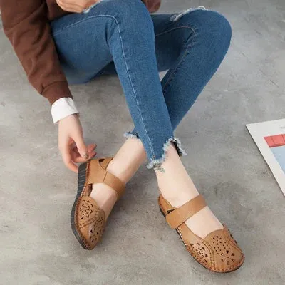 Women's Sandals Hollow Out Genuine Leather Breathable Soft Flat Sandals Summer Casual Solid Buckle Strap Sandals