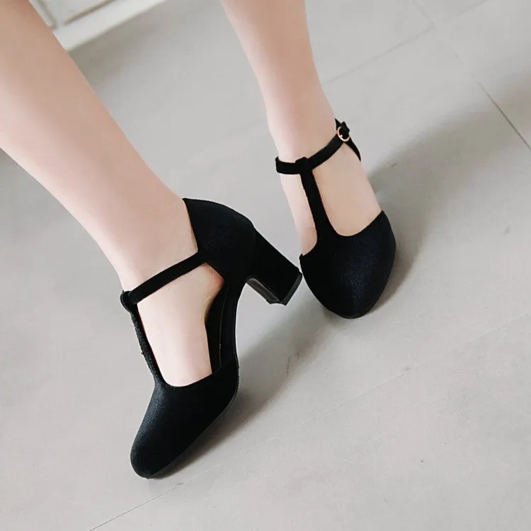 Women's T Strap Buckle Straps Block Chunky Heel Sandals