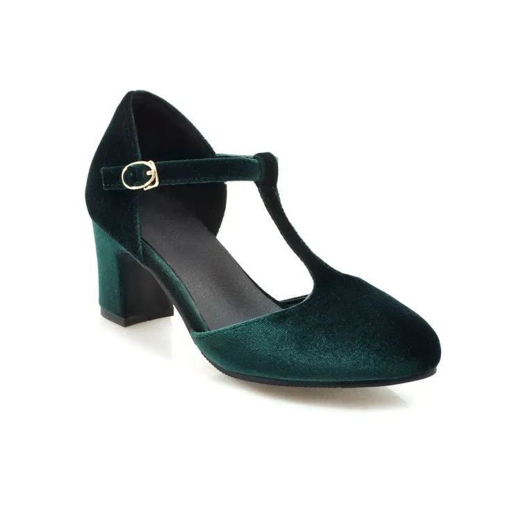 Women's T Strap Buckle Straps Block Chunky Heel Sandals