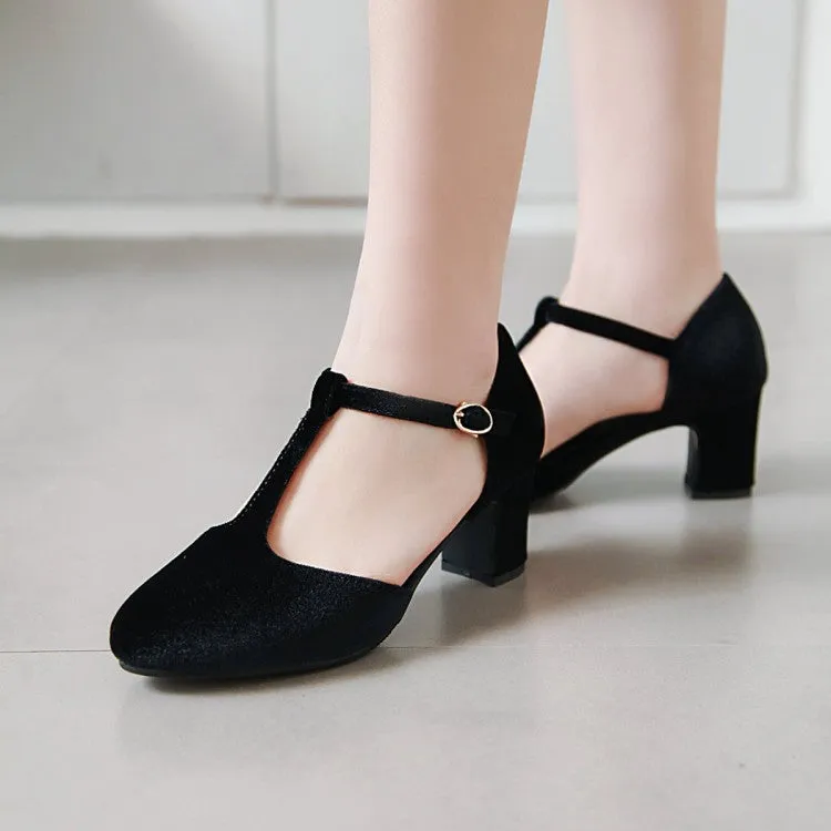 Women's T Strap Buckle Straps Block Chunky Heel Sandals