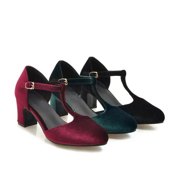 Women's T Strap Buckle Straps Block Chunky Heel Sandals