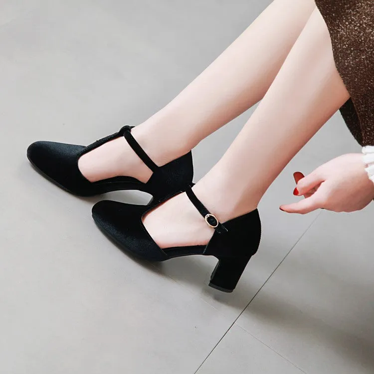 Women's T Strap Buckle Straps Block Chunky Heel Sandals