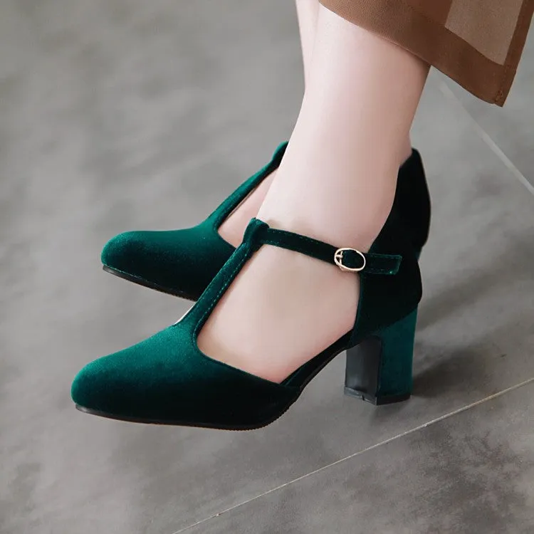 Women's T Strap Buckle Straps Block Chunky Heel Sandals