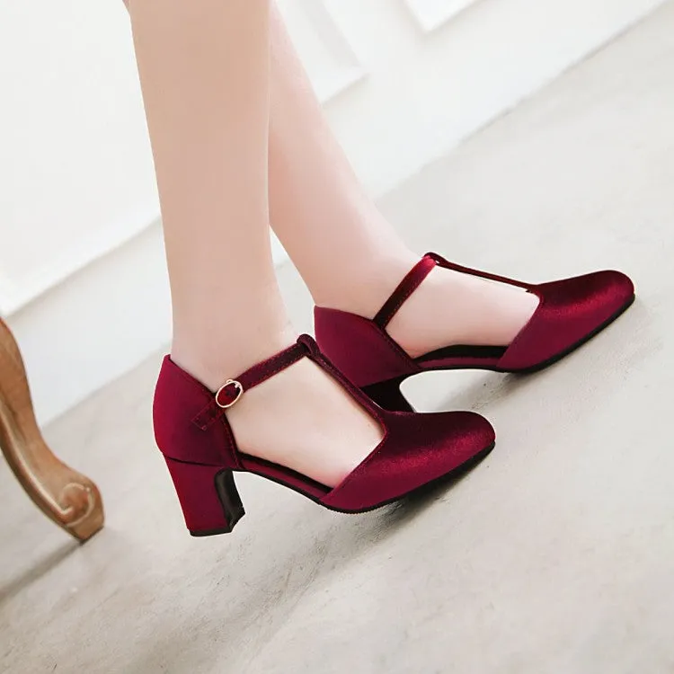 Women's T Strap Buckle Straps Block Chunky Heel Sandals