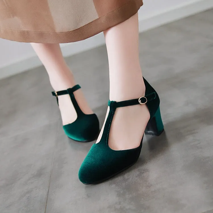 Women's T Strap Buckle Straps Block Chunky Heel Sandals