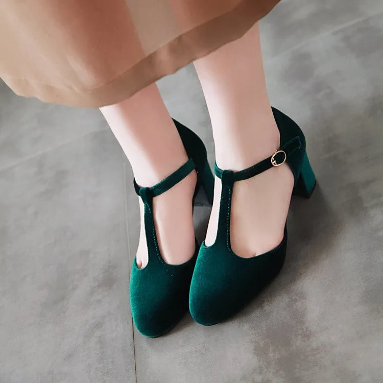 Women's T Strap Buckle Straps Block Chunky Heel Sandals
