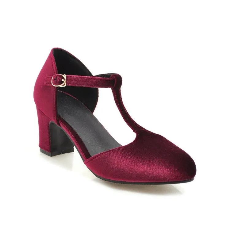 Women's T Strap Buckle Straps Block Chunky Heel Sandals