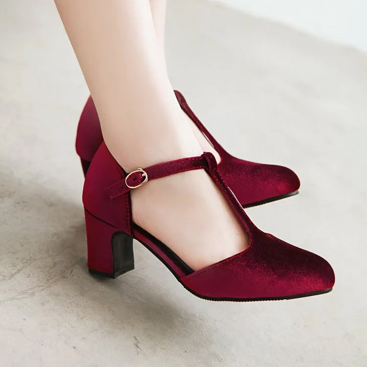 Women's T Strap Buckle Straps Block Chunky Heel Sandals