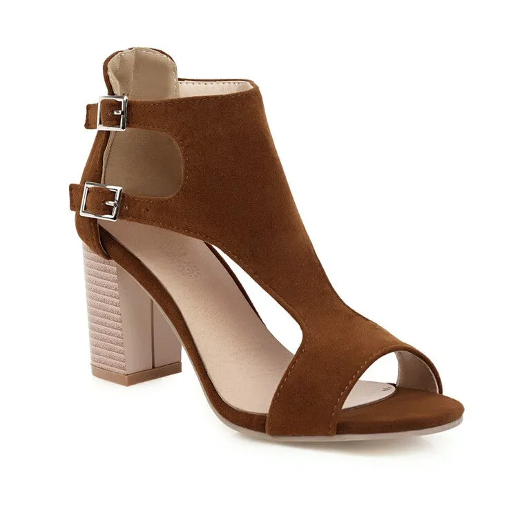Women's's Hollow Out Suede Open Toe Block Heels Sandals