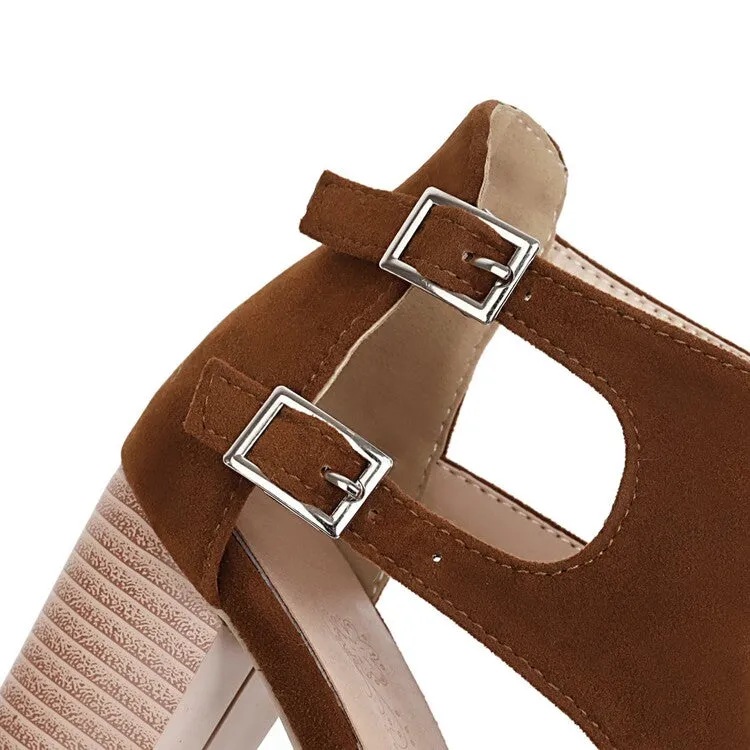 Women's's Hollow Out Suede Open Toe Block Heels Sandals