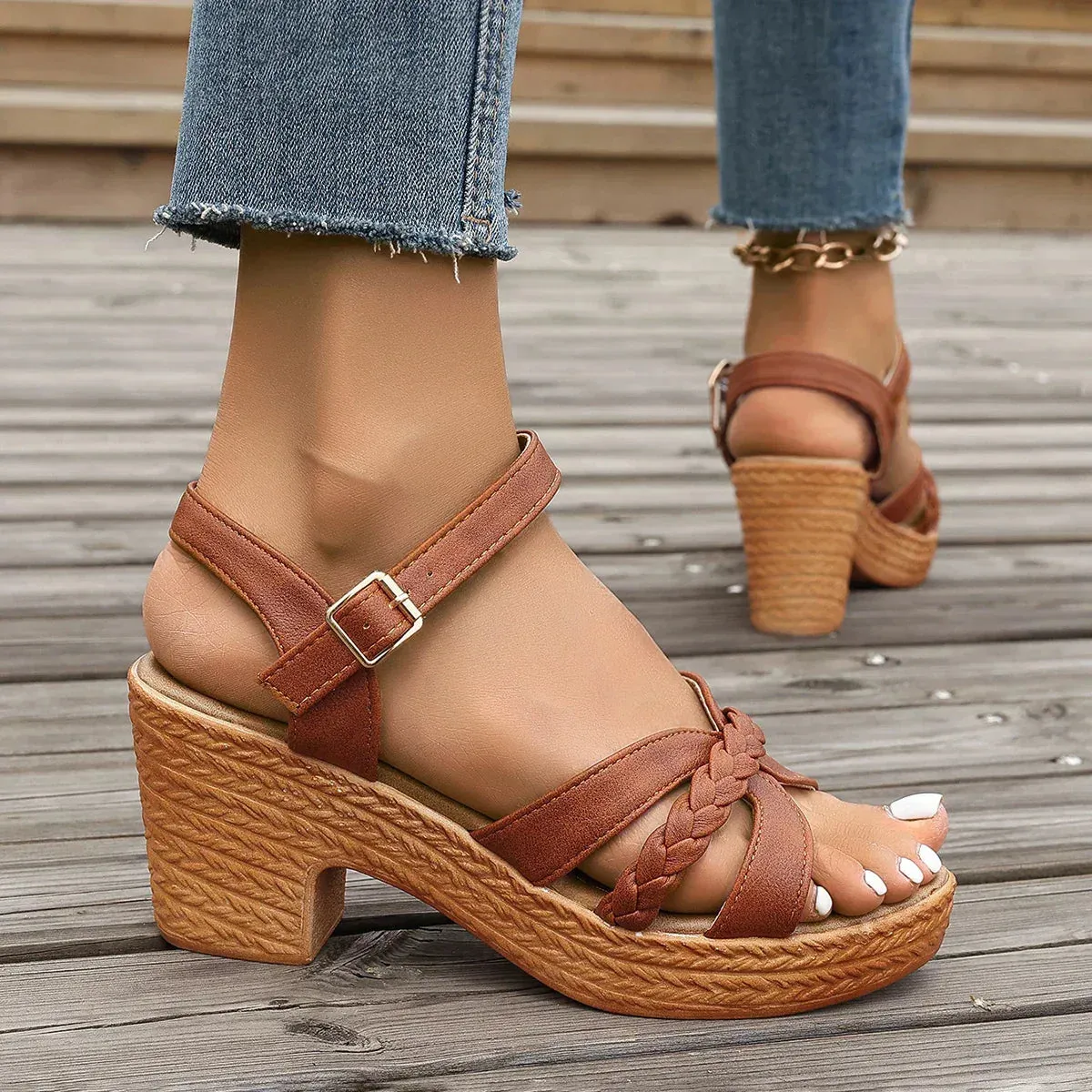 Woven Wedge Ankle Strap Platform Sandals